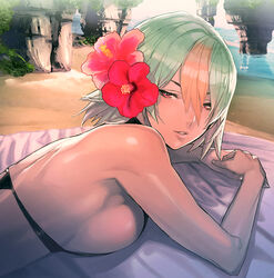 1girls alternate_costume back bangs bare_shoulders beach bikini black_bikini blanket breast_press breasts dark-skinned_female dark_skin day fire_emblem fire_emblem_heroes flower gradient_hair green_hair hair_between_eyes hair_flower hair_ornament hibiscus laegjarn_(fire_emblem) laegjarn_(summer)_(fire_emblem) large_breasts lips looking_at_viewer lying maeshima_shigeki multicolored_hair nintendo ocean on_stomach orange_hair outdoors parted_lips red_eyes short_hair sideboob solo sunbathing swimsuit water