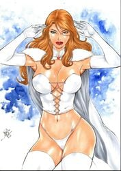 1girls 2019 abstract_background big_breasts blonde_hair blue_eyes bra breasts bustier busty cape cleavage clothed corset dated ed_benes_studio emma_frost eyeshadow female female_only fur_trim gloves homo_superior lanio_sena large_breasts lipstick makeup marvel marvel_comics mascara mutant narrowed_eyes panties pinup red_lips red_lipstick signature solo superheroine telepath thighhighs thighs thong underwear white_cape white_corset white_gloves white_panties white_queen white_thighhighs white_thong x-men