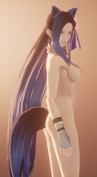 animal_ears ass athletic big_ass big_breasts blue_hair breasts cat_ears code_vein female long_hair naked original_character pink_eyes pose tail whiskers young