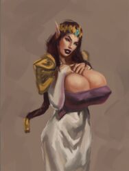 big_breasts blue_eyes breasts brown_hair cleavage dress erect_nipples female female_focus female_only huge_breasts hylian large_breasts long_hair navel nintendo nipple_bulge pinup pointy_ears pose posing princess_zelda skin_tight solo standing tagme the_legend_of_zelda twilight_princess wide_hips witch-bitch-art zelda_(twilight_princess)