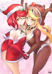 2girls alternate_costume ara_ara blonde_hair blush breast_docking breast_press breast_squeeze breasts christmas cleavage deekei hand_holding large_breasts long_hair looking_at_viewer mythra nintendo one_eye_closed open_eyes pyra red_hair reindeer_costume santa_costume short_hair shy smile swept_bangs thighs xenoblade_(series) xenoblade_chronicles_2