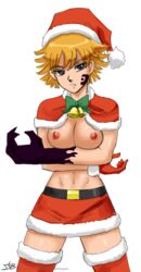 1girls areolae bare_breasts blonde_hair breasts christmas_outfit clothing derieri female female_only gloves hat human john_joseco looking_away nanatsu_no_taizai nipples red_gloves santa_hat short_hair skirt solo standing white_background