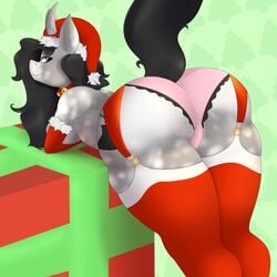 1:1 absurd_res anthro big_breasts blue_eyes booponies breasts clothing collar equid female festive friendship_is_magic hi_res horn inviting legwear looking_back mammal my_little_pony panties raised_tail side_boob smile stockings thick_thighs underwear unicorn