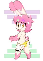 1boy :3 absurd_res amai_puwai_(character) anthro ass balls clothed clothing digital_media_(artwork) fur furry hair hi_res lagomorph leporid looking_at_viewer male male_only mammal open_mouth pink_hair pinknmilk rabbit simple_background smile solo underwear white_body white_fur yellow_eyes