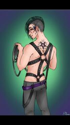 belt bondage enki green_hair harness leather looking_at_viewer looking_back male punk side_shave tattoo undercut villain yaoi