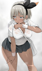 1girls alternate_breast_size alternate_outfit bandaid bea_(pokemon) big_breasts blue_eyes breasts cleavage dark-skinned_female dark_skin female female_only grey_hair hairband half-closed_eyes large_breasts nintendo noripachi pokemon pokemon_ss see-through short_hair short_skirt skirt solo sweat thick_thighs thigh_gap wet wet_clothes wet_shirt wide_hips