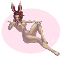 1girls 2019 animal_humanoid breasts female female_only final_fantasy hair humanoid lagomorph lagomorph_humanoid mammal mammal_humanoid meshpet navel nipples nude pussy red_hair simple_background smile solo square_enix video_games viera