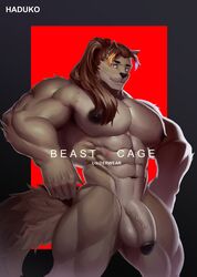 1boy 2019 5_fingers anthro anthro_only balls black_nipples black_nose brown_hair buff claws english_text furry furry_ears furry_only furry_tail haduko haduko1 hands-free male male_only muscles muscular muscular_male nipples nude nude_male penis pointy_ears red_background tan_fur testicles wolf wolf_ears wolf_tail