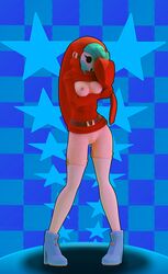 1girls 3d 3d_(artwork) belt blue_background blue_hair breasts breasts_out clothing female female_only full_body hair_over_one_eye heels light-skinned_female light_skin mario_(series) mask masked nintendo nipples pussy shy shy_gal shy_gal_dance_(minus8) shy_gal_red solo standing stockings sweater_lift tagme