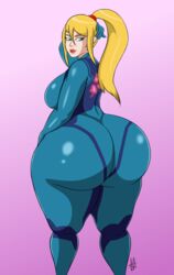 1girls arm_behind_head ass beauty_mark big_ass blonde_hair blue_eyes bodysuit bottom_heavy cyan_eyes female female_only gloves gradient_background hair_ribbon high_ponytail huge_ass jarsman_(artist) lipstick long_ass looking_back metroid mole_under_mouth nintendo pink_background png ponytail purple_background rear_view red_lipstick samus_aran signature solo thick_thighs tied_hair zero_suit zero_suit_samus