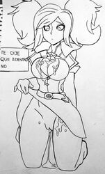 1girls cum evie_(paladins) female female_only monochrome negum_akil paladins sketch solo spanish_text tagme text