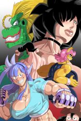 3boys 3girls abs akimano_bhird back_muscles bbw bengus_stratovarious big_breasts big_lips black_hair cat_ears catgirl chubby cleavage d'leta_bell feline furry genkai_toppa_wrestling! green_scales loonyjams muscles muscular muscular_female muscular_male nipple_bulge nipples_visible_through_clothing overweight pink_hair purple_hair scalie sharp_teeth wrestling yellow_fur