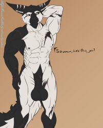 2019 abs animal_genitalia anthro balls biceps big_balls big_ears black_sclera chest_tuft claws dark_flesh dialogue digital_media_(artwork) ear_scar english_text felid fingers fluffy fluffy_tail fur hi_res huge_balls lyunadarsi male male_only mammal muscular muscular_male nipples nude open_mouth pecs simple_background smile solo text tuft white_body white_fur zenkia_(character)