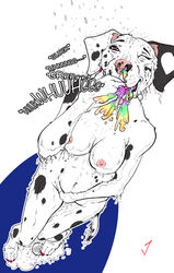 asphyxiation bodily_fluids breasts canid canine canis choking dalmatian domestic_dog female gagging jambalayathepit mammal masturbation nipples rainbow shower vomit