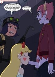 1boy 2girls blonde_hair blowjob demon dialogue disney_channel fellatio female incognitymous janna_ordonia male pants_open penis penis_in_mouth star_butterfly star_vs_the_forces_of_evil straight tom_lucitor