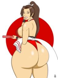 1girls ass big_ass bracers brown_eyes brown_hair dat_ass fatal_fury female female_only high_ponytail huge_ass hyper_ass jarsman_(artist) king_of_fighters long_ass mai_shiranui matching_hair/eyes pelvic_curtain ponytail presenting_hindquarters rear_view sideboob signature smile solo tied_hair white_background