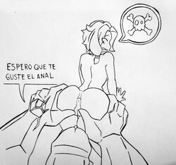 1boy 1girls anal female khan_(paladins) maeve_(paladins) male monochrome negum_akil paladins penis spanish_text text