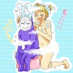 blush bubbles human interspecies japanese_text kedamono_(popee_the_performer) kneeling male male_focus male_only mammal mask nude popee_(popee_the_performer) popee_the_performer purple_fur sitting text