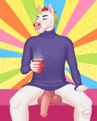 2019 animal_genitalia animal_penis anthro balls blush clothed clothing cup equid equine equine_penis eyebrows fur grumpycorn hair horn horse horsecock hot_drink invalid_tag jumper looking_away male male_only mammal penis sitting solo timidwithapen unicorn