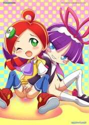 2girls andou_ringo bbmbbf blue_eyes blush blush_stickers bottomless feli_(puyo_puyo) female_only fingering fingering_partner green_eyes hairpin multiple_girls navel palcomix purple_hair pussy puyo_puyo puyo_puyo_7 puyo_puyo_fever red_hair sega shirt smirking tagme uncensored yuri