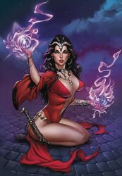 1girls belt big_breasts black_collar black_hair black_shoes blue_eyes bracelet breasts busty cleavage collar comic_cover crown crystal_ball dress earrings female female_only grimm_fairy_tales_(comic) kneeling knife large_breasts lipstick long_hair looking_at_viewer magic michael_dooney necklace official_art pinup red_dress red_lips red_lipstick red_sash sash sheath sheathed_weapon shoes solo sorceress spell stone_floor the_empress_(zenescope) thighs tiara ula_mos zenescope zenescope_entertainment