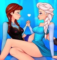 2girls anna_(frozen) bedroom_eyes blue_theme blush braided_hair breasts clothed clothed_sex clothing disney dress elsa_(frozen) eye_contact eyeshadow female female_only frozen_(film) hand_holding incest large_breasts lesbian light_skin lipstick long_hair loodncrood medium_breasts red_hair romantic scissoring sisters smile thick_thighs thighs tribadism white_hair yuri