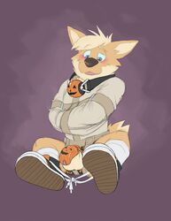 2019 anthro avery_(vir-no-vigoratus) ball_gag balls blush canid canine canis chastity_cage chastity_device clothed clothing domestic_dog fur gag hair herding_dog male male_only mammal pastoral_dog penis purple_background simple_background solo straitjacket tan_body tan_fur tongue vir-no-vigoratus welsh_corgi