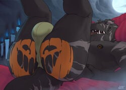 2019 absurd_res anthro anus ass big_ass big_butt black_body black_skin bodypaint bubble_ass bubble_butt bulge bussy butt_focus candle claws clothing cloud cyrus_(repzzmonster) dinosaur fangs fire gay halloween hand_on_hip hi_res holidays legs_up lying male mature_male moon night nipple_piercing nipples on_back open_mouth outside patreon piercing presenting presenting_hindquarters pumpkin_butt red_eyes reptile repzzmonster scalie seductive signature smile solo tight_clothing tongue tongue_out yaoi