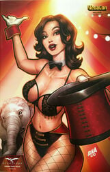 1girls alternate_costume arm_up big_breasts black_bowtie black_bra black_hair black_lingerie black_panties bowtie bra breasts brown_eyes busty circus cleavage comic_cover cosplay crossover david_nakayama elephant eyeshadow female female_only fishnet fishnet_legwear fishnet_stockings gloves grimm_fairy_tales_(comic) hat hat_removed hat_tip large_breasts lingerie lipstick long_hair looking_at_viewer makeup mascara official_art panties pinup red_lips red_lipstick ringmaster skye_mathers solo standing straight_hair text white_gloves zenescope zenescope_entertainment