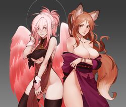 2017 2girls animal_humanoid asian_clothing big_breasts blush bracelet breasts canid canid_humanoid canine canine_humanoid cat_eyes cleavage clothed clothing cuffs dress dress_lift dress_pulled_up duo east_asian_clothing feathered_wings feathers female fox_ears fox_humanoid gradient_background green_eyes haohi_oterin humanoid humanoid_pointy_ears leggings legwear less less_(artist) long_hair looking_at_viewer mammal mammal_humanoid multiple_girls pink_hair ponytail pussy pussy_peek red_hair simple_background smile stockings winged_humanoid wings