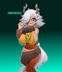 animal_ears animal_tail big_breasts brown_eyes byternomar dialogue english_text female horny humanoid looking_at_viewer nipple_bulge spooky's_house_of_jump_scares spooky's_jump_scare_mansion test tirsiak white_fur white_hair