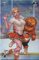 1girls alternative_costume blonde_hair blue_eyes braid braided_pigtails breasts busty comic_cover eyeshadow female female_only gretel_(zenescope) grimm_fairy_tales_(comic) gritty gritty_(philadelphia_flyers) high_resolution hockey holding_animal jewelry large_breasts lipstick looking_at_viewer makeup mascara mike_krome miniskirt necklace nipple_bulge nipples nipples_visible_through_clothing official_art one_arm_up orange_legwear orange_miniskirt orange_skirt orange_socks philadelphia philadelphia_flyers pinup red_lips red_lipstick see-through see-through_shirt shirt shoes short_shirt skates skirt socks solo sports standing tattoo text thighs tied_hair twintails ula_mos white_shirt zenescope zenescope_entertainment