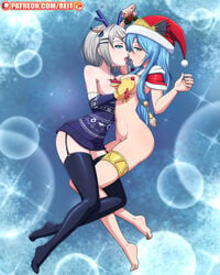 2girls big_breasts blue_eyes blue_hair christmas christmas_hat duel_monster female gishki_ariel iri_flina kissing looking_at_viewer multiple_girls red_eyes reit short_hair sword_girls thighhighs yu-gi-oh! yuri