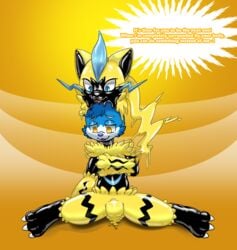 2019 ambiguous_gender anthro blue_eyes bulge dialogue duo english_text feline furry goo_transformation hi_res himuic-tmill legendary_pokémon male mammal nintendo open_mouth original_character pokémon_(species) pokemon pokemon_usm rubber simple_background slime text transformation video_games yellow_background yellow_body yellow_eyes zeraora