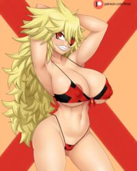 1girls areolae bikini black_general blonde_hair breasts eyepatch female female_only huge_breasts precarious_woman_executive_miss_black_general solo thick_thighs ttrop wide_hips zannen_onna-kanbu_black_general-san