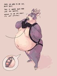 2019 anthro antlers balls belly big_belly bondage cervid cervine chastity_cage chastity_device dialogue embarrassed english_text fur harness horn male male_only mammal multicolored_body multicolored_fur nipples nude overweight overweight_male pawpadpup pawpadpup_(characters) penis petplay ponyplay roleplay simple_background solo text varmint