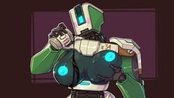 1girls academy34 bastion_(overwatch) blue_eyes blue_nipples blush breast_lift breasts female female_only grabbing_own_breast holding_breast large_breasts nipples no_mouth no_pupils oil overwatch pouring pouring_on_self robot robot_girl rule_63 solo suggestive_fluid youngnaughty