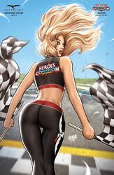 1girls 2019 alternative_costume artist_name ass black_leggings black_legwear black_pants black_shirt blonde_hair car checkered_flag comic_cover dat_ass dated david_nakayama female female_only flowing_hair green_eyes grimm_fairy_tales_(comic) high_resolution leggings long_hair looking_at_viewer looking_back looking_back_at_viewer motor_vehicle official_art open_mouth pants pink_lips pinup race_queen racetrack racing robyn_hood robyn_locksley round_ass shirt solo surprised text vehicle viewed_from_behind yoga_pants zenescope zenescope_entertainment