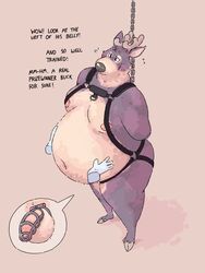 2019 anthro antlers balls belly big_belly bondage bound cervid cervine chains chastity_cage chastity_device dialogue disembodied_hand duo embarrassed english_text fur harness horn male male_only mammal multicolored_body multicolored_fur nipples nude overweight overweight_male pawpadpup pawpadpup_(characters) penis simple_background solo_focus text varmint