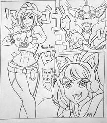 2girls alternate_costume anthro ash_(paladins) female jojo_reference maeve_(paladins) monochrome muscular muscular_female paladins pip_(paladins) street_style street_style_ash street_style_maeve tagme wolfuregogo