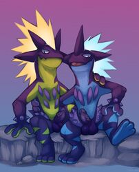 2boys amped_toxtricity anthro barefoot blue_body blue_skin erection gay hug humanoid_penis looking_at_viewer low_key_toxtricity male male_only nintendo nude open_mouth penis pokémon_(species) pokemon pokemon_ss presenting presenting_penis purple_body purple_penis purple_skin scalie sitting smile spookybooty testicles tongue toxtricity veins veiny_penis video_games yaoi yellow_body yellow_skin