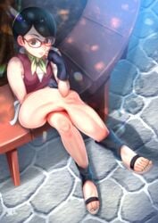 amaaay_zing black_eyes black_hair boruto:_naruto_next_generations feet glasses green_nail_polish green_toenail_polish green_toenails high_heels legs legs_crossed nail_polish naruto painted_nails painted_toenails sarada_uchiha shiny_skin short_hair sitting sitting_on_chair smooth_skin thick_thighs thighs toenail_polish toes