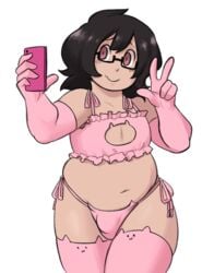 1boy 2016 :3 balls_in_panties black_hair bulge cat_lingerie cellphone chubbuppy chubby chubby_femboy chubby_male cleavage crossdressing cute elbow_gloves femboy girly glasses holding_object human male male_only navel nervous no_visible_genitalia original penis_bulge penis_in_panties pink_clothing pink_eyes selfie shoripurin slightly_chubby smile solo thick_thighs thighhighs toony w wavy_mouth white_background wide_hips