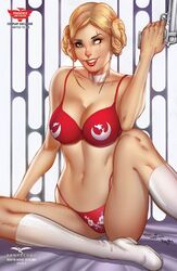 1girls big_breasts blonde_hair blue_eye boots bra breasts busty cleavage clothed collar comic_cover cosplay crossover female female_only firearm glowing_eye grimm_fairy_tales_(comic) gun holding_gun holding_weapon large_breasts lipstick looking_at_viewer mike_debalfo official_art panties pinup pistol princess_leia_organa_(cosplay) red_bra red_lips red_lipstick red_panties red_thong robyn_hood robyn_locksley scar sitting solo star_wars text thighs thong ula_mos weapon white_boots white_collar zenescope zenescope_entertainment