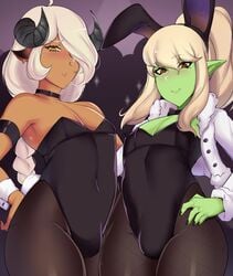 2boys anthro blonde_hair blush bunny_ears bunnysuit bunnysuit_bulge crossdressing dark-skinned_femboy dark-skinned_male dark_skin edam_(erovsaaaka) erovsaaaka femboy girly green_skin horn horns leggings leotard male mino_(erovsaaaka) orc orc_femboy original original_character pointy_ears smile trap