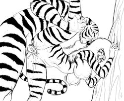 anthro black_and_white cum_inside from_behind_position furry hair_over_one_eye height_difference jungle long_hair marvel marvel_comics monochrome navel nipples no_humans oesacles oesalces open_mouth orgasm pussy_juice rough_sex scratch_marks shaking_breasts standing_on_one_leg tears tigra tigra_watanabe