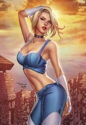 1girls arm_up black_collar blonde_hair blue_bra blue_eyes blue_pants bra breasts cinderella cinderella_(fairy_tales) cinderella_(zenescope) cleavage cliff collaboration collar comic_cover derlis_santacruz eyeshadow fairy_tales female female_only front_view grimm_fairy_tales_(comic) grimms'_fairy_tales lipstick looking_at_viewer makeup mascara official_art pants pinup red_lips red_lipstick seductive_smile short_hair signature smile solo ula_mos zenescope zenescope_entertainment