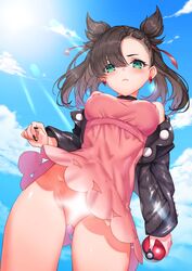 1girls alternate_breast_size ass big_breasts birkai black_hair blue_background blue_eyes bottomless breasts censored clothed clothes dress erect_nipples eye_contact hair_over_one_eye half-closed_eyes jacket looking_at_viewer marnie_(pokemon) nintendo nipple_bulge no_panties nopan outdoors pink_derss poke_ball pokemon pokemon_ss pose short_hair thigh_gap twintails wide_hips