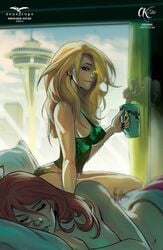 2019 2girls bed big_breasts black_nail_polish black_nails blanket blonde_hair blue_eye blush breasts busty character_request closed_eyes comic_cover cup dated drink erect_nipples erect_nipples_under_clothes female female_only green_shirt grimm_fairy_tales_(comic) happy holding_cup holding_drink human human_only large_breasts long_hair looking_at_partner mirka_andolfo morning nail_polish naked nipple_bulge nipples nude official_art panties pillow pink_lips pinup pokies red_hair robyn_hood robyn_locksley seattle shirt signature sitting sleeping smile solo space_needle tea text thighs thong unconscious waking_up window yellow_eye yuri zenescope zenescope_entertainment