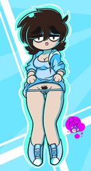 2019 brown_eyes brown_hair cleavage drawfriend dress earrings flashing light_blue_dress panties pantslesspajamas pubes pubic_hair tongue_out wide_hips youtube youtuber